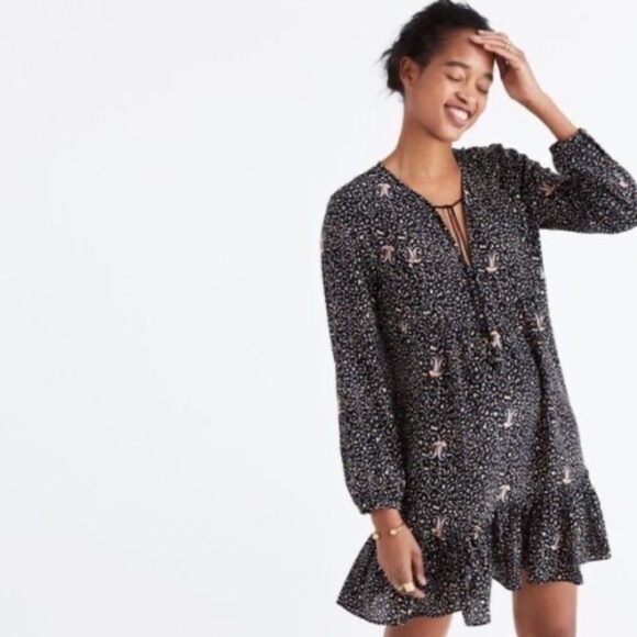 Madewell Dresses & Skirts - MADEWELL Silk Black Floral Paisley Fiesta Dress Babydoll Shift Ruffle ~ Size 2